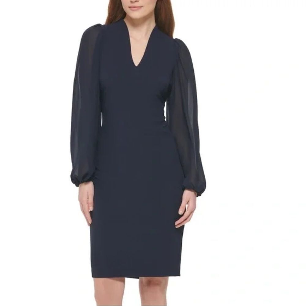 Vince Camuto New Chiffon Sleeve Sheath Sheer Sleeve Dress Pleated Back Size 2